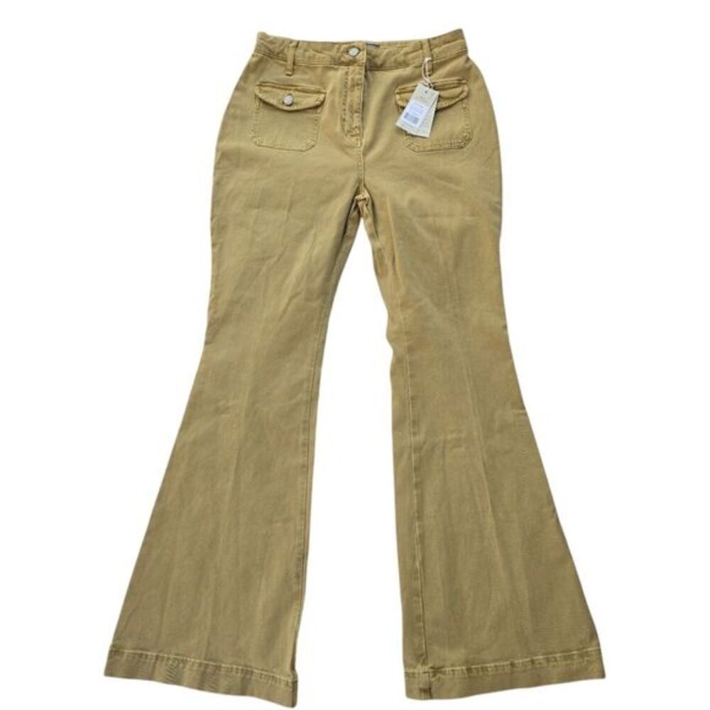 Boden NWT High Rise Flare Denim Khaki Beige Front Pockets Women's Size 10